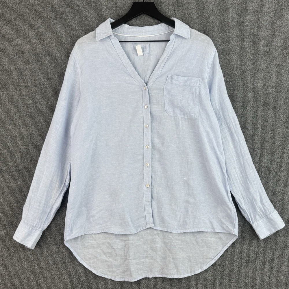 Sigrid Olsen Linen Button Up Shirt Womens M Blue Tucked Tail Hem Long Sleeve - Picture 1 of 10